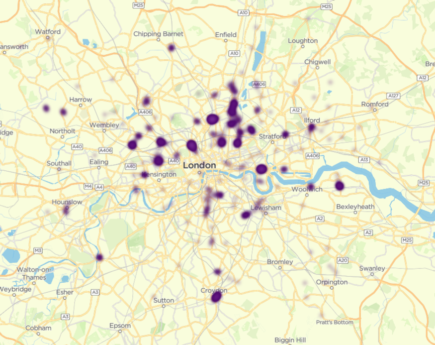 Heatmap of knife crime in London, from the 1st January to the 31st July 2020. Areas in south London significantly impacted include Croydon, Thornton Heath and Stockwell as well as Poplar, Forest Gate, Finsbury Park, Camden, Haringey and Stoke Newington in north London. 